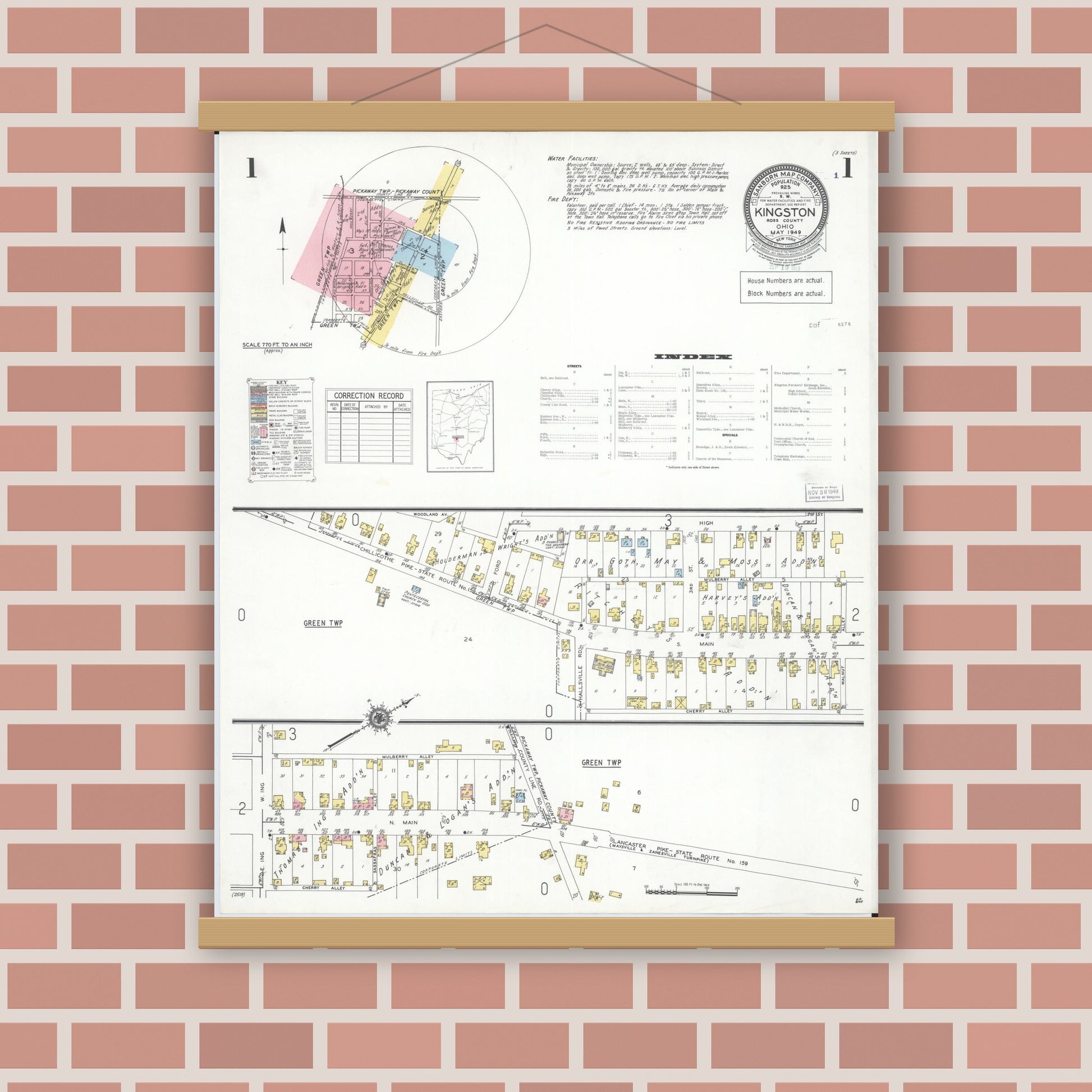 Old map wall art mockup — magnetic wood frame on brick wall — Sanborn Fire Insurance Map from Kingston, Ross County, Ohio (1949) - Complete Map Set