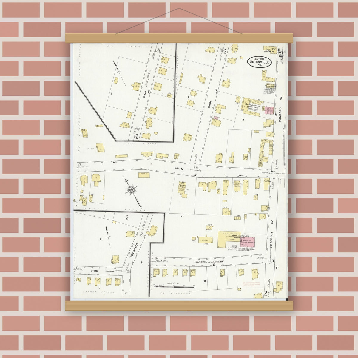 Old map wall art mockup — magnetic wood frame on brick wall — Sanborn Fire Insurance Map from Unionville, Orange County, New York (1910), Sheet #0002