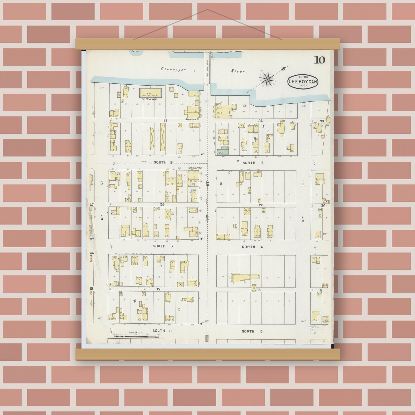 Old map wall art mockup — magnetic wood frame on brick wall — Sanborn Fire Insurance Map from Cheboygan, Cheboygan County, Michigan (1895), Sheet #0010