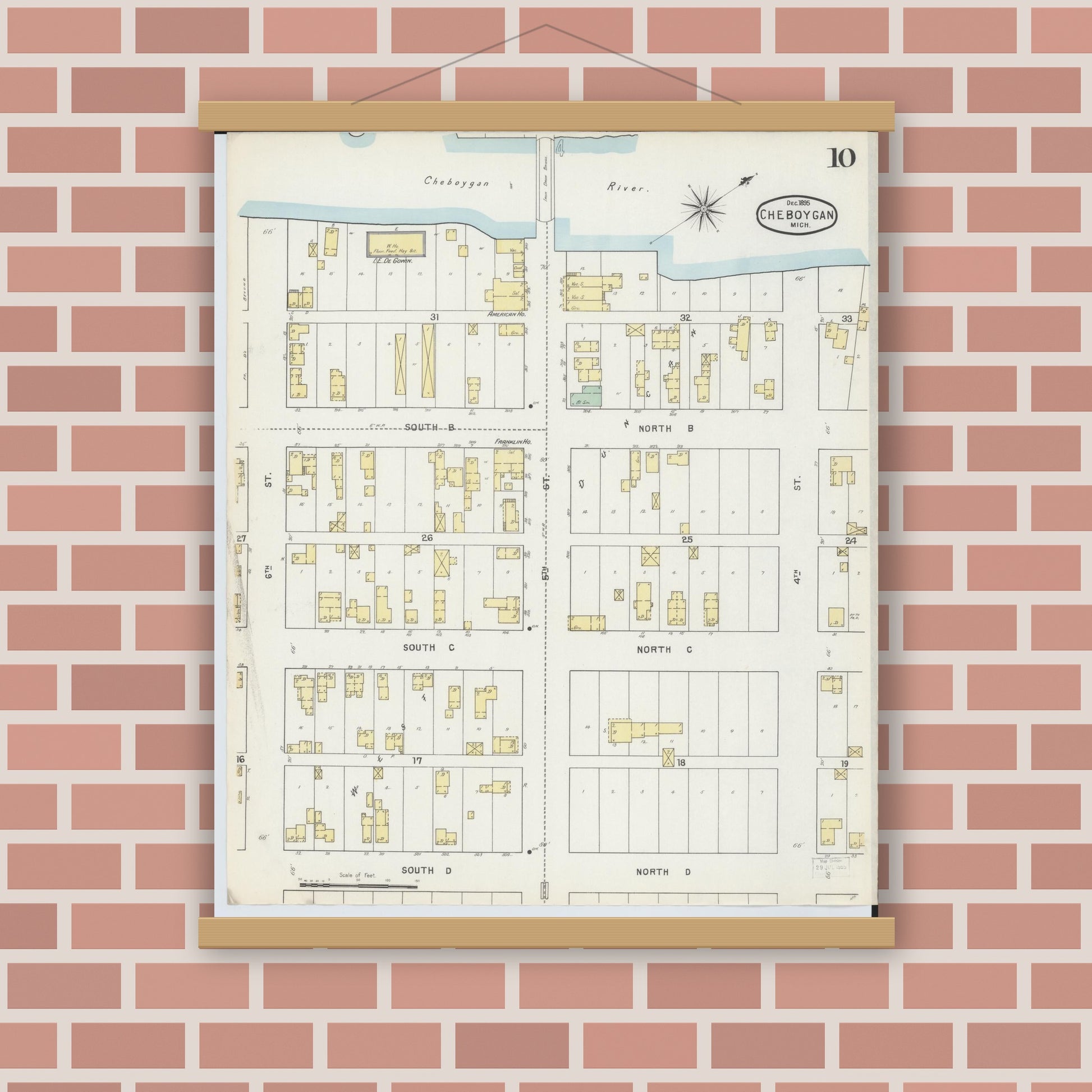 Old map wall art mockup — magnetic wood frame on brick wall — Sanborn Fire Insurance Map from Cheboygan, Cheboygan County, Michigan (1895), Sheet #0010