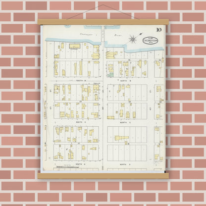 Old map wall art mockup — magnetic wood frame on brick wall — Sanborn Fire Insurance Map from Cheboygan, Cheboygan County, Michigan (1895), Sheet #0010