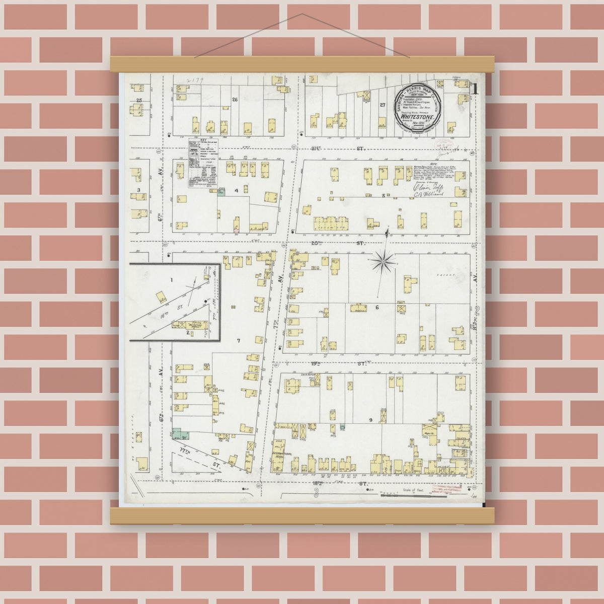 Old map wall art mockup — magnetic wood frame on brick wall — Sanborn Fire Insurance Map from Whitestone, Queens County, New York (1895), Sheet #0001
