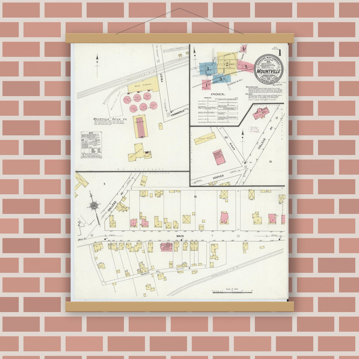 Old map wall art mockup — magnetic wood frame on brick wall — Sanborn Fire Insurance Map from Mountville, Lancaster County, Pennsylvania (1912) - Complete Map Set