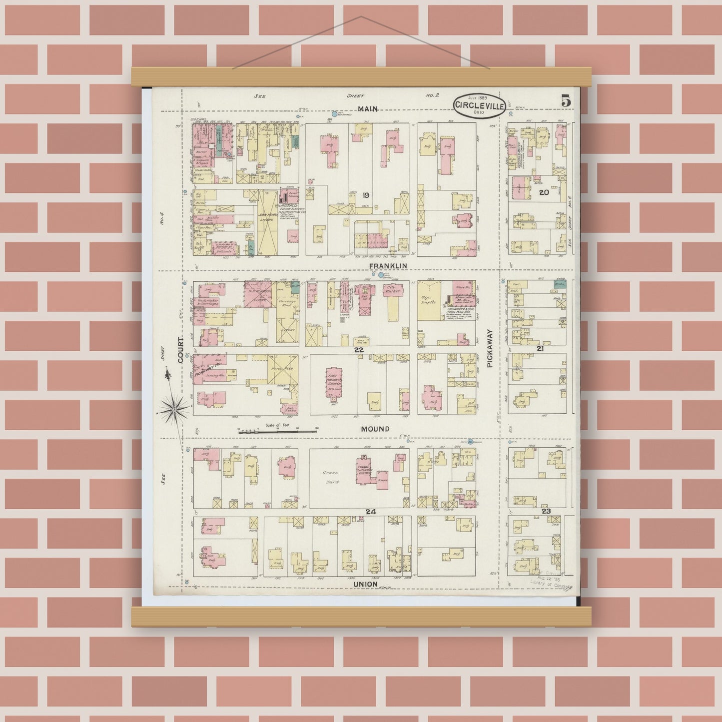 Old map wall art mockup — magnetic wood frame on brick wall — Sanborn Fire Insurance Map from Circleville, Pickaway County, Ohio (1889), Sheet #0005