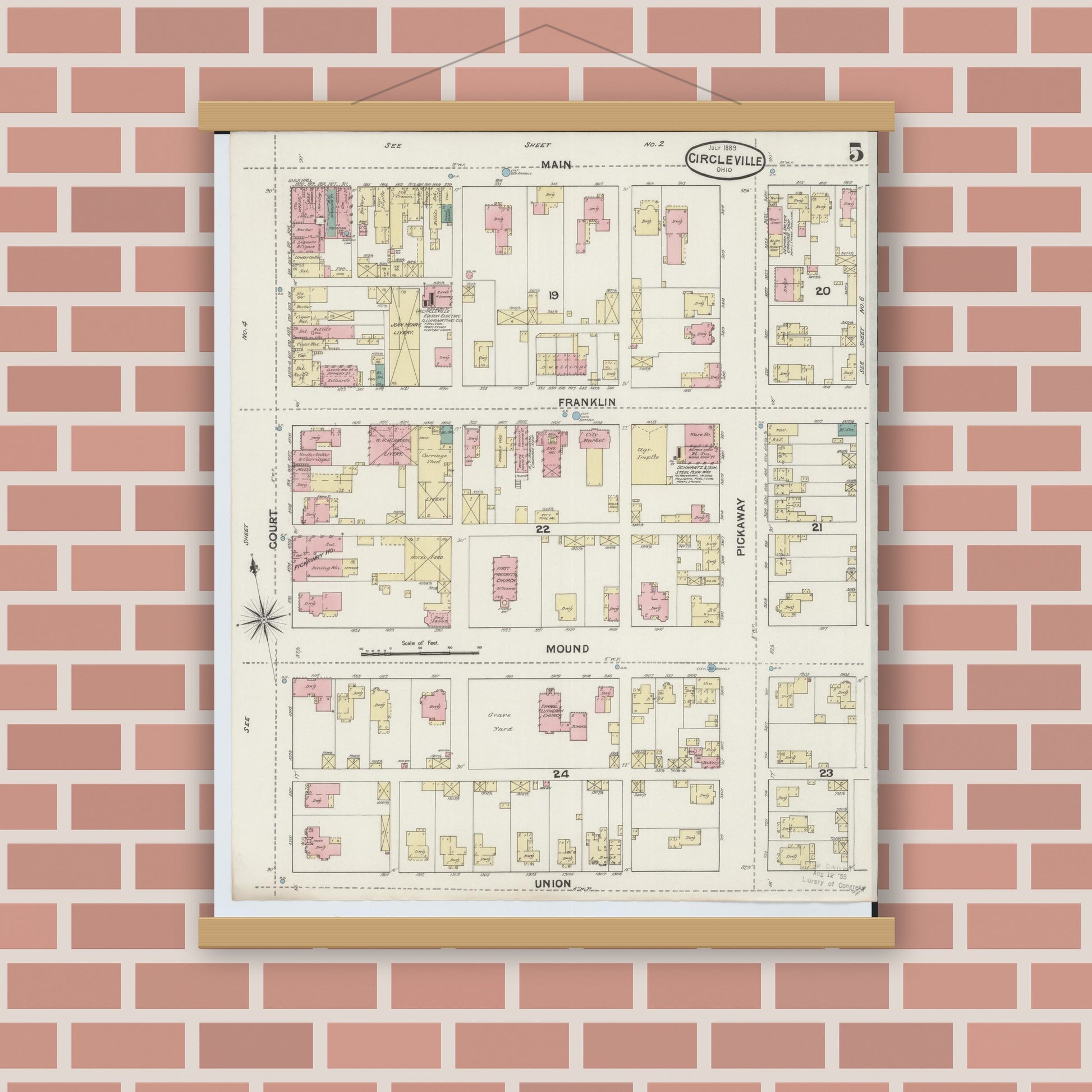 Old map wall art mockup — magnetic wood frame on brick wall — Sanborn Fire Insurance Map from Circleville, Pickaway County, Ohio (1889), Sheet #0005