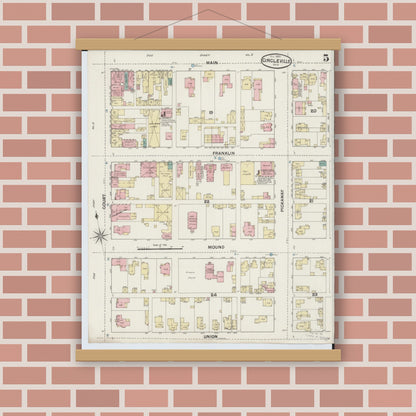 Old map wall art mockup — magnetic wood frame on brick wall — Sanborn Fire Insurance Map from Circleville, Pickaway County, Ohio (1889), Sheet #0005