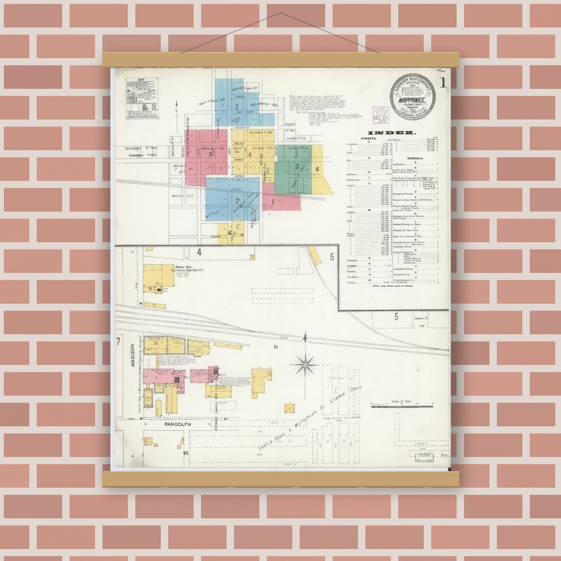 Old map wall art mockup — magnetic wood frame on brick wall — Sanborn Fire Insurance Map from Nappanee, Elkhart County, Indiana (1905) - Complete Map Set