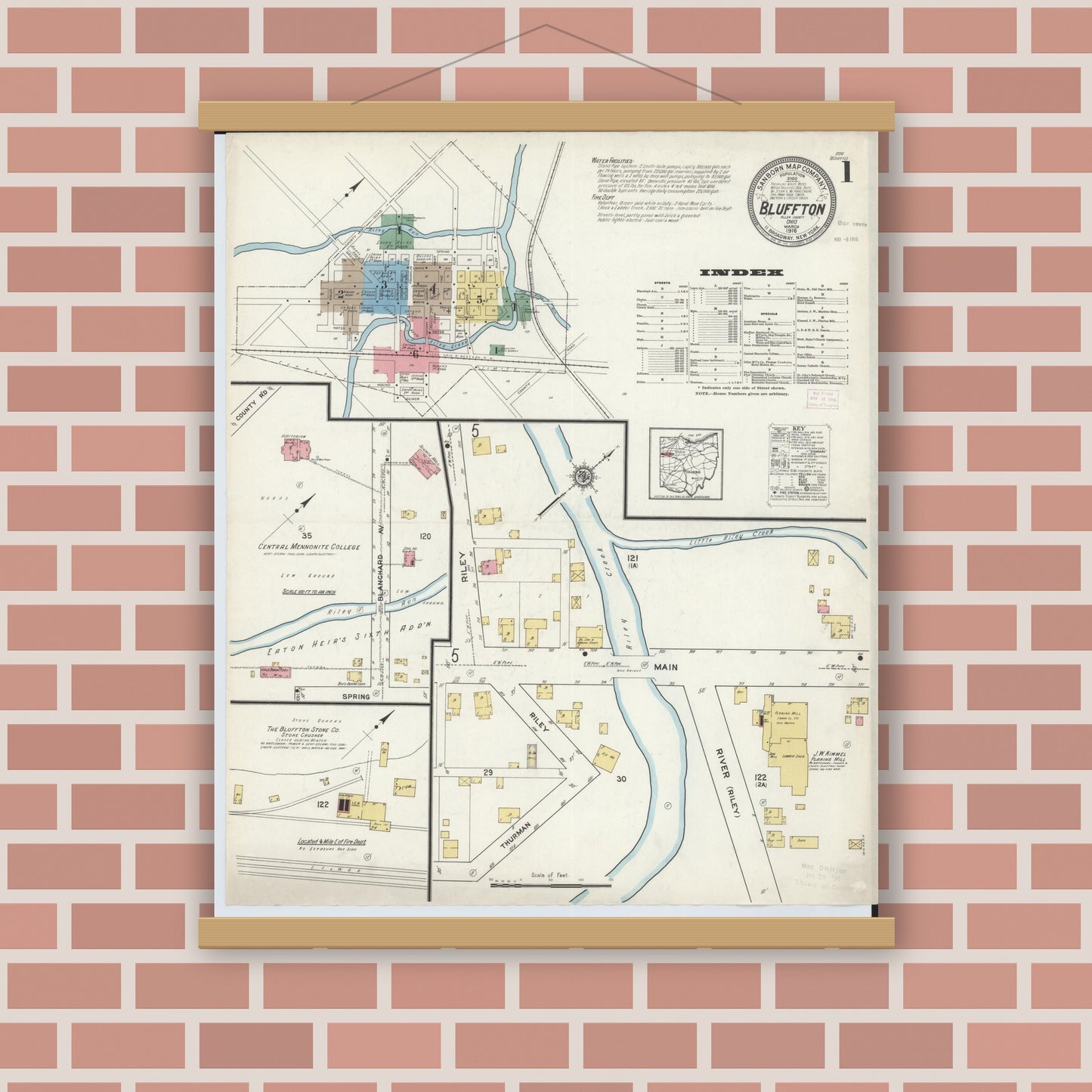 Old map wall art mockup — magnetic wood frame on brick wall — Sanborn Fire Insurance Map from Bluffton, Allen County, Ohio (1916), Sheet #0001