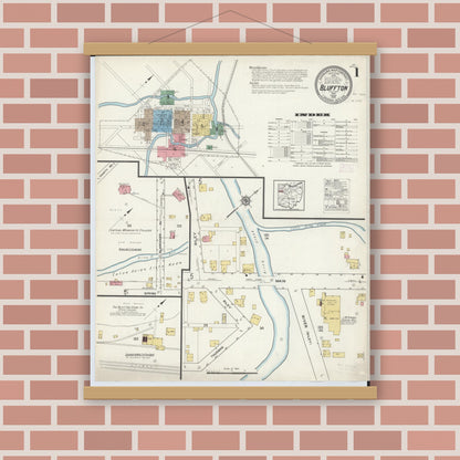 Old map wall art mockup — magnetic wood frame on brick wall — Sanborn Fire Insurance Map from Bluffton, Allen County, Ohio (1916), Sheet #0001
