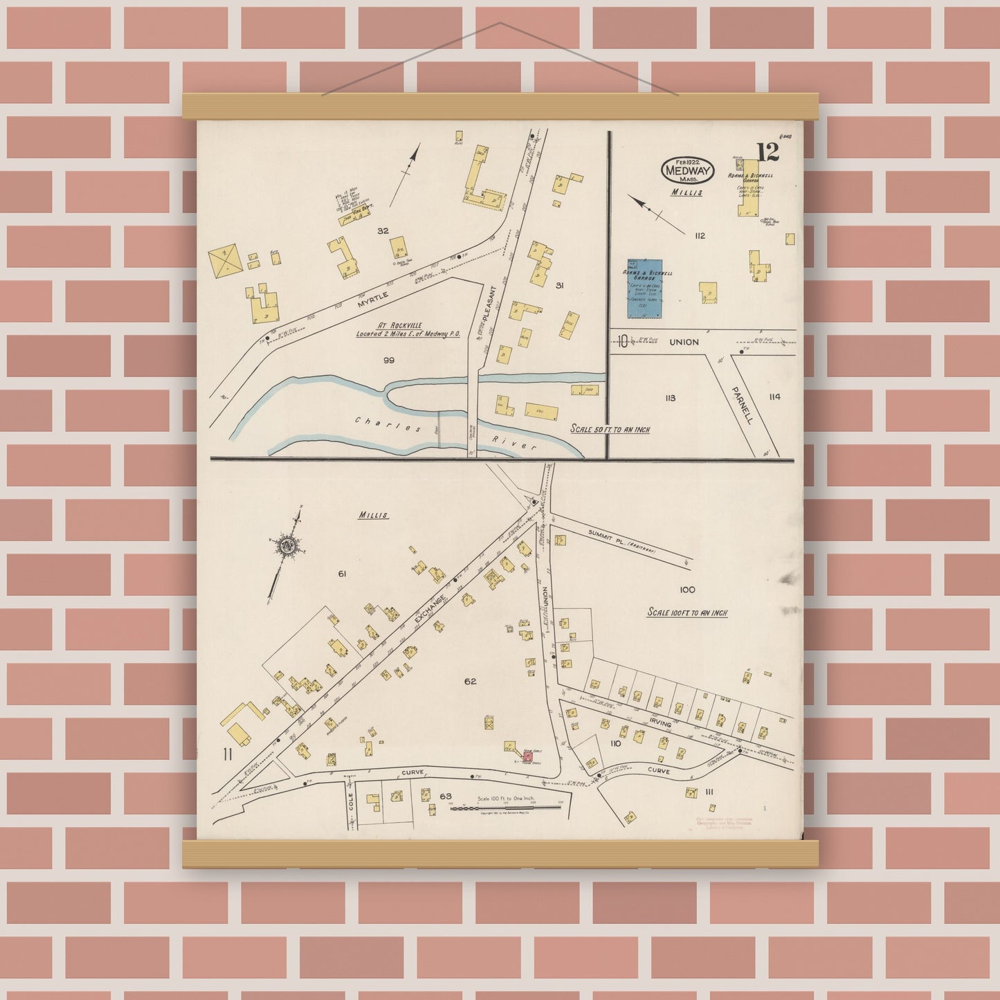 Old map wall art mockup — magnetic wood frame on brick wall — Sanborn Fire Insurance Map from Medway, Norfolk County, Massachusetts (1922), Sheet #0012