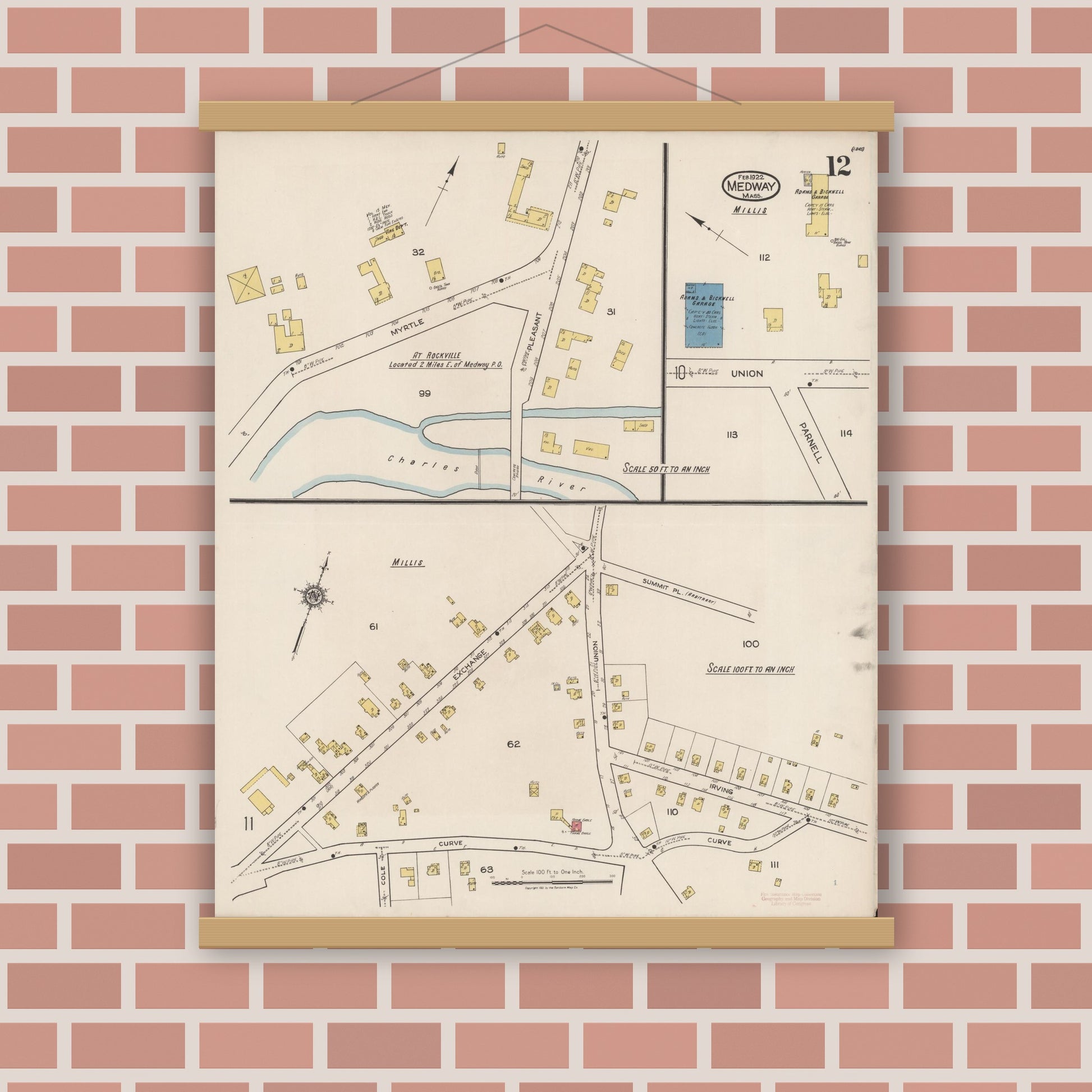 Old map wall art mockup — magnetic wood frame on brick wall — Sanborn Fire Insurance Map from Medway, Norfolk County, Massachusetts (1922), Sheet #0012
