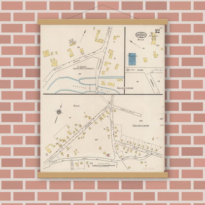 Old map wall art mockup — magnetic wood frame on brick wall — Sanborn Fire Insurance Map from Medway, Norfolk County, Massachusetts (1922), Sheet #0012