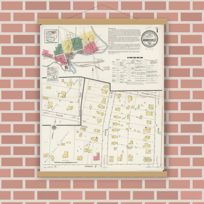 Old map wall art mockup — magnetic wood frame on brick wall — Sanborn Fire Insurance Map from Monroeville, Huron County, Ohio (1922), Sheet #0001