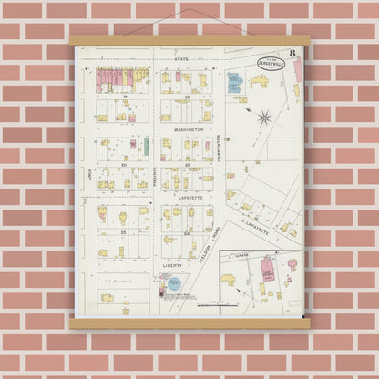 Old map wall art mockup — magnetic wood frame on brick wall — Sanborn Fire Insurance Map from Jerseyville, Jersey County, Illinois (1894), Sheet #0008