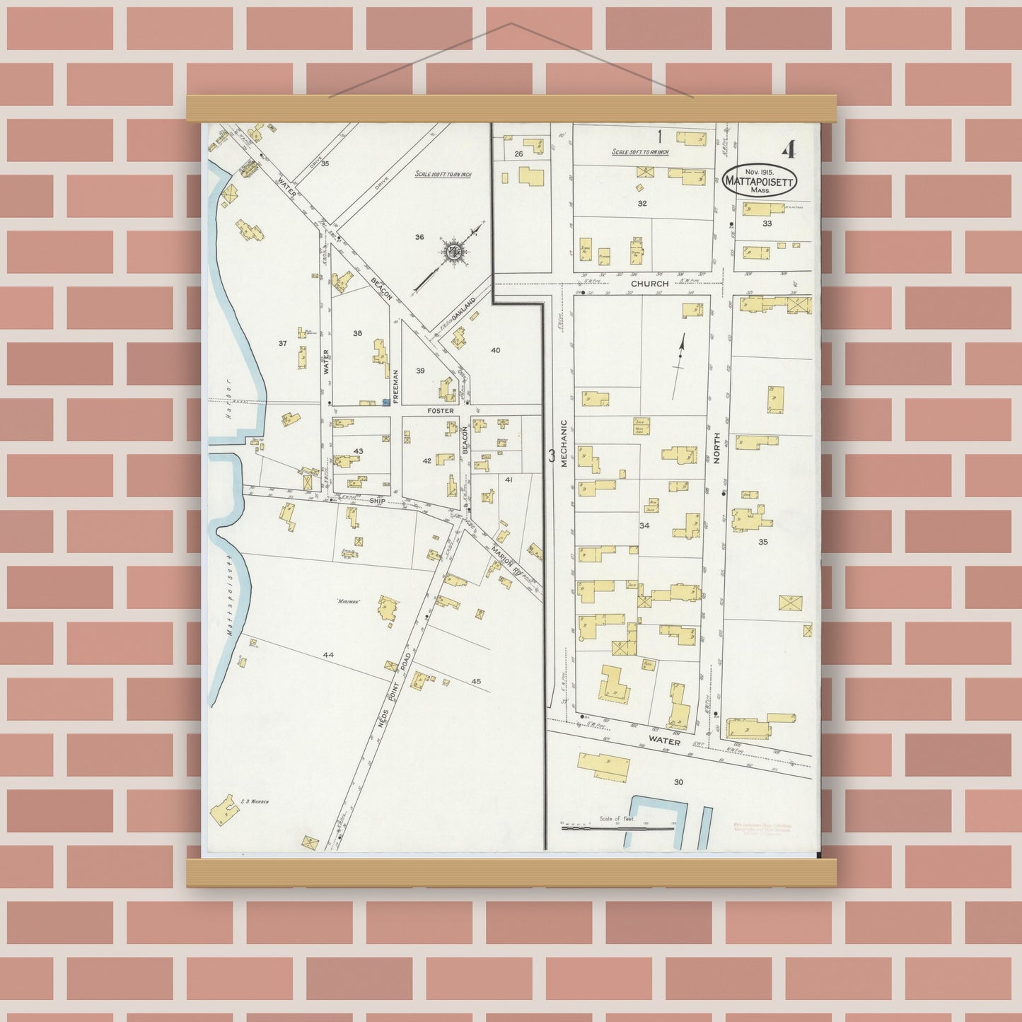 Old map wall art mockup — magnetic wood frame on brick wall — Sanborn Fire Insurance Map from Mattapoisett, Plymouth County, Massachusetts (1915), Sheet #0004