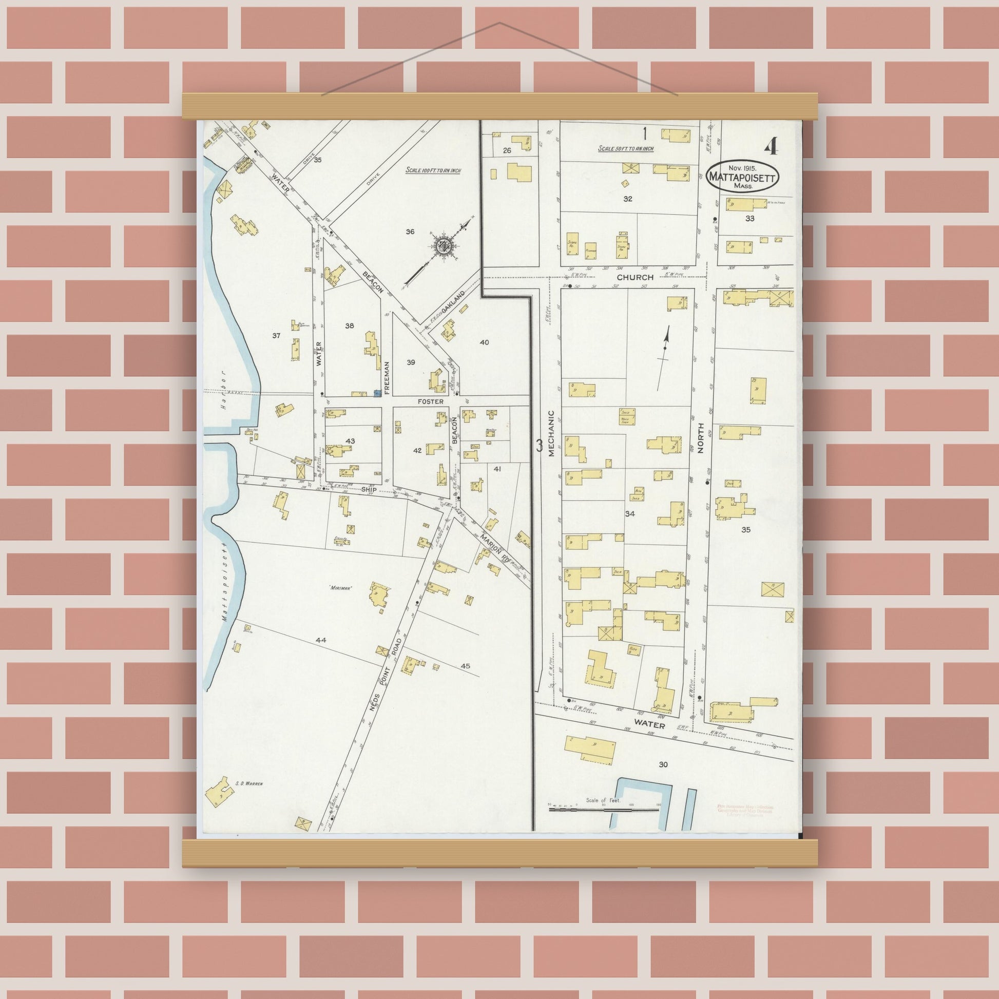 Old map wall art mockup — magnetic wood frame on brick wall — Sanborn Fire Insurance Map from Mattapoisett, Plymouth County, Massachusetts (1915), Sheet #0004