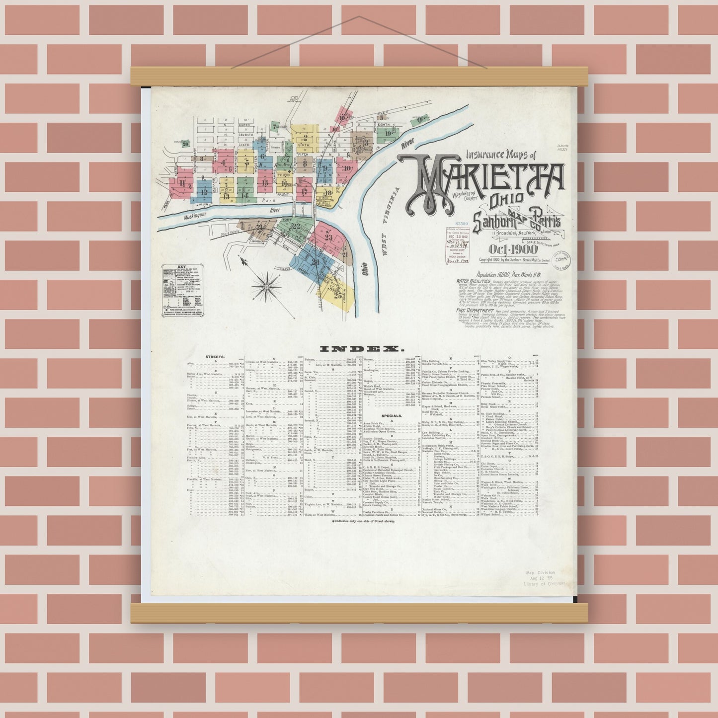 Old map wall art mockup — magnetic wood frame on brick wall — Sanborn Fire Insurance Map from Marietta, Washington County, Ohio (1900), Sheet #0001