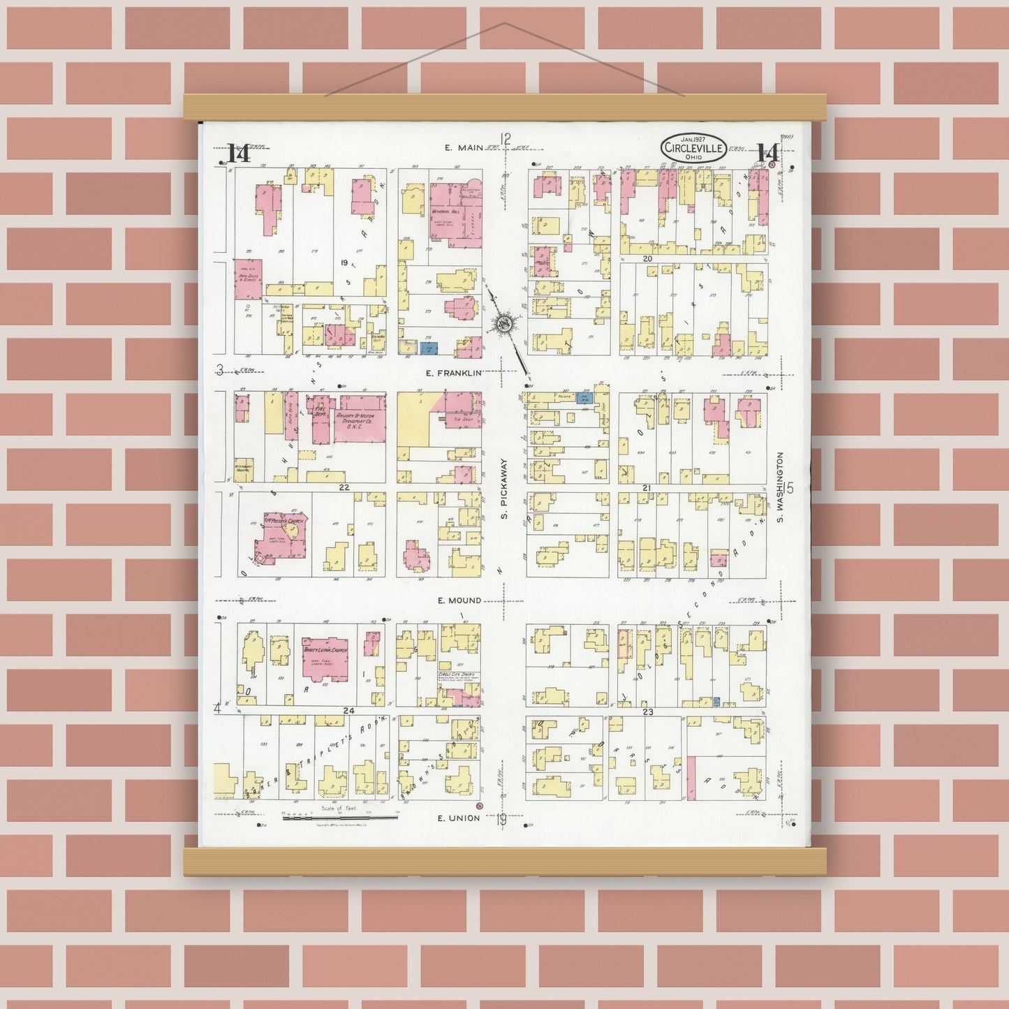 Old map wall art mockup — magnetic wood frame on brick wall — Sanborn Fire Insurance Map from Circleville, Pickaway County, Ohio (1927), Sheet #0014