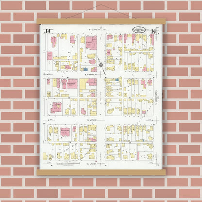 Old map wall art mockup — magnetic wood frame on brick wall — Sanborn Fire Insurance Map from Circleville, Pickaway County, Ohio (1927), Sheet #0014