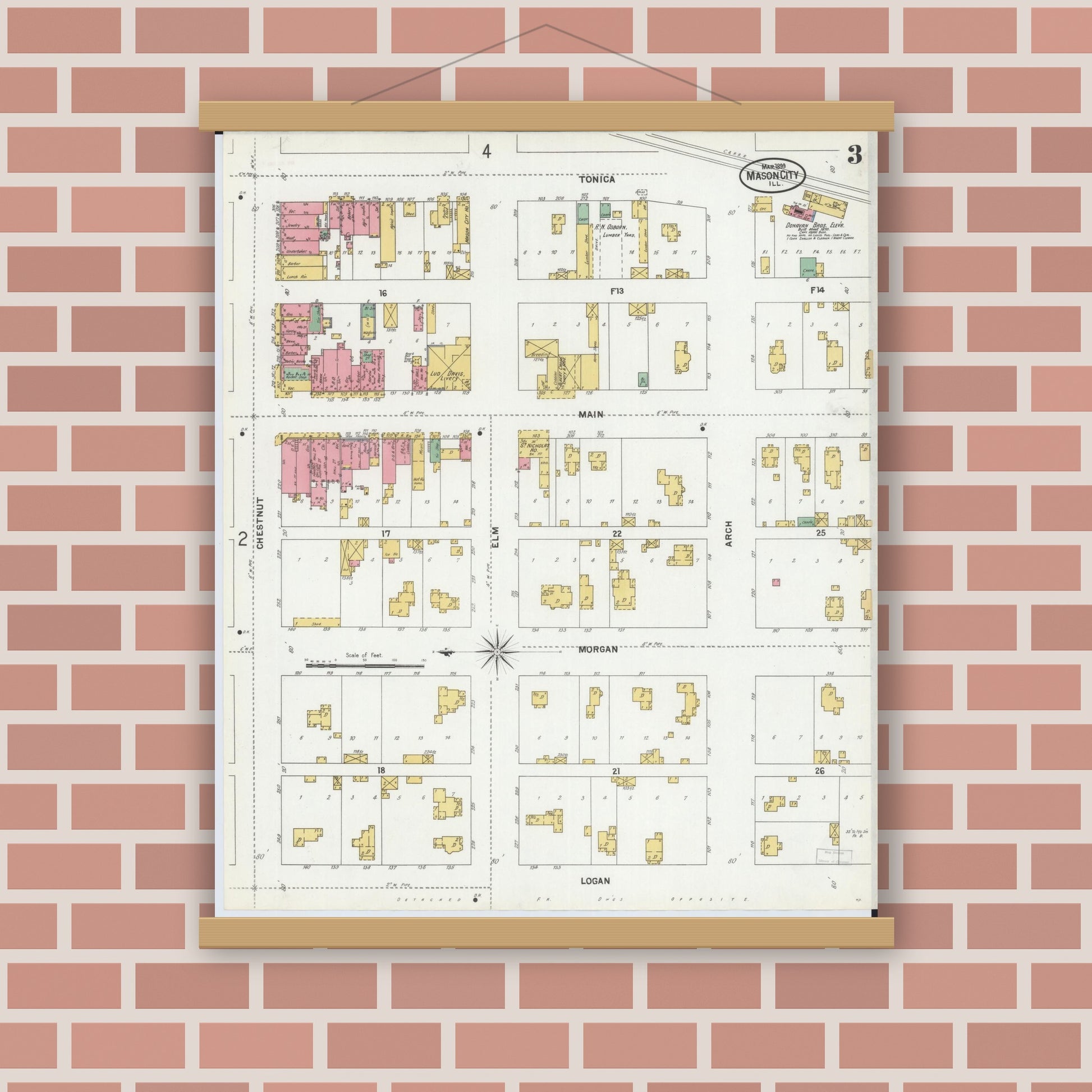 Old map wall art mockup — magnetic wood frame on brick wall — Sanborn Fire Insurance Map from Mason City, Mason County, Illinois (1899), Sheet #0003