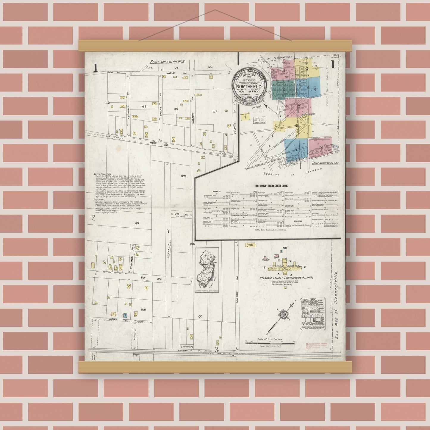 Old map wall art mockup — magnetic wood frame on brick wall — Sanborn Fire Insurance Map from Northfield, Atlantic County, New Jersey (1924), Sheet #0001