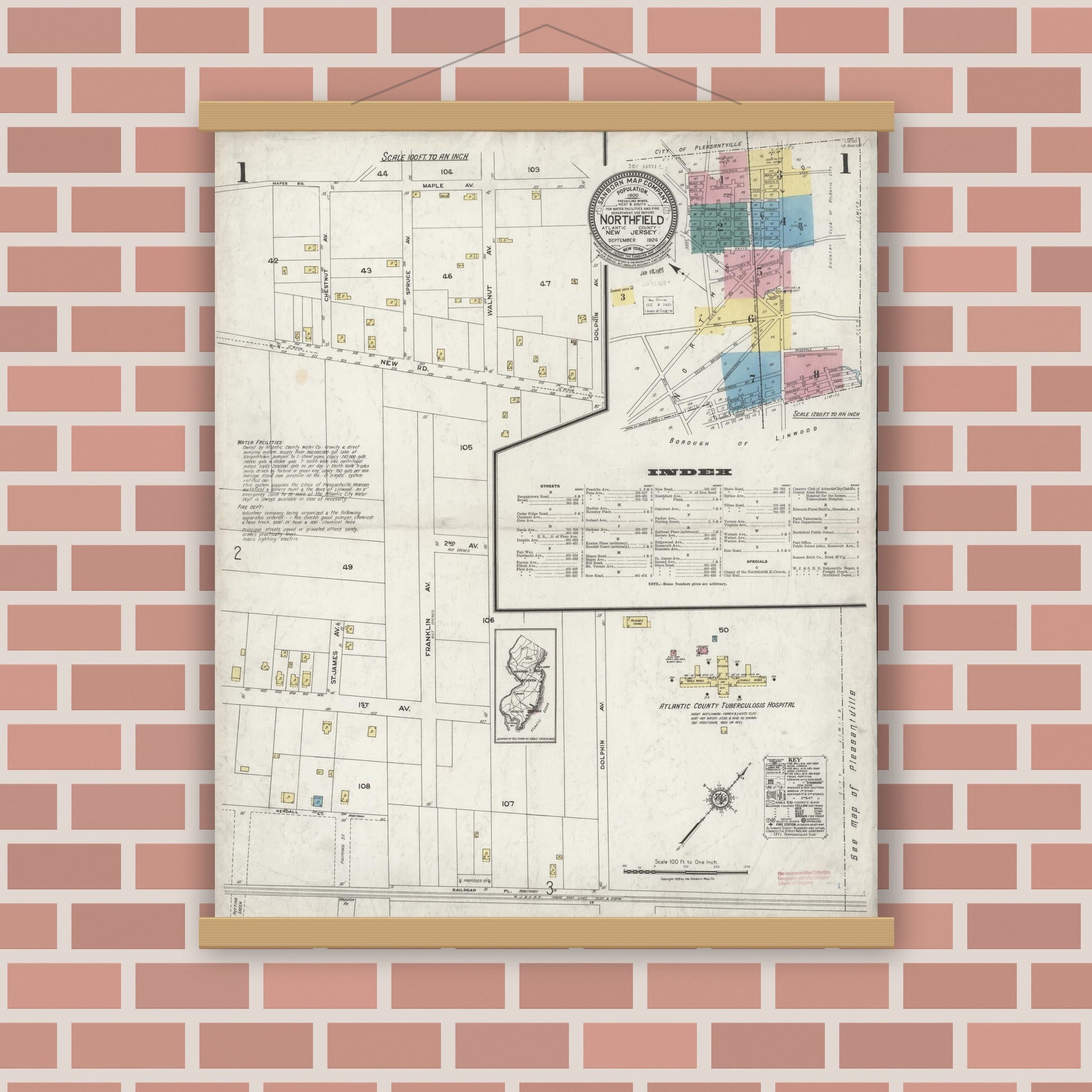 Old map wall art mockup — magnetic wood frame on brick wall — Sanborn Fire Insurance Map from Northfield, Atlantic County, New Jersey (1924), Sheet #0001