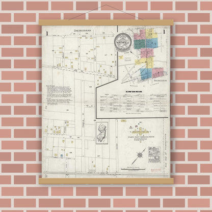Old map wall art mockup — magnetic wood frame on brick wall — Sanborn Fire Insurance Map from Northfield, Atlantic County, New Jersey (1924), Sheet #0001