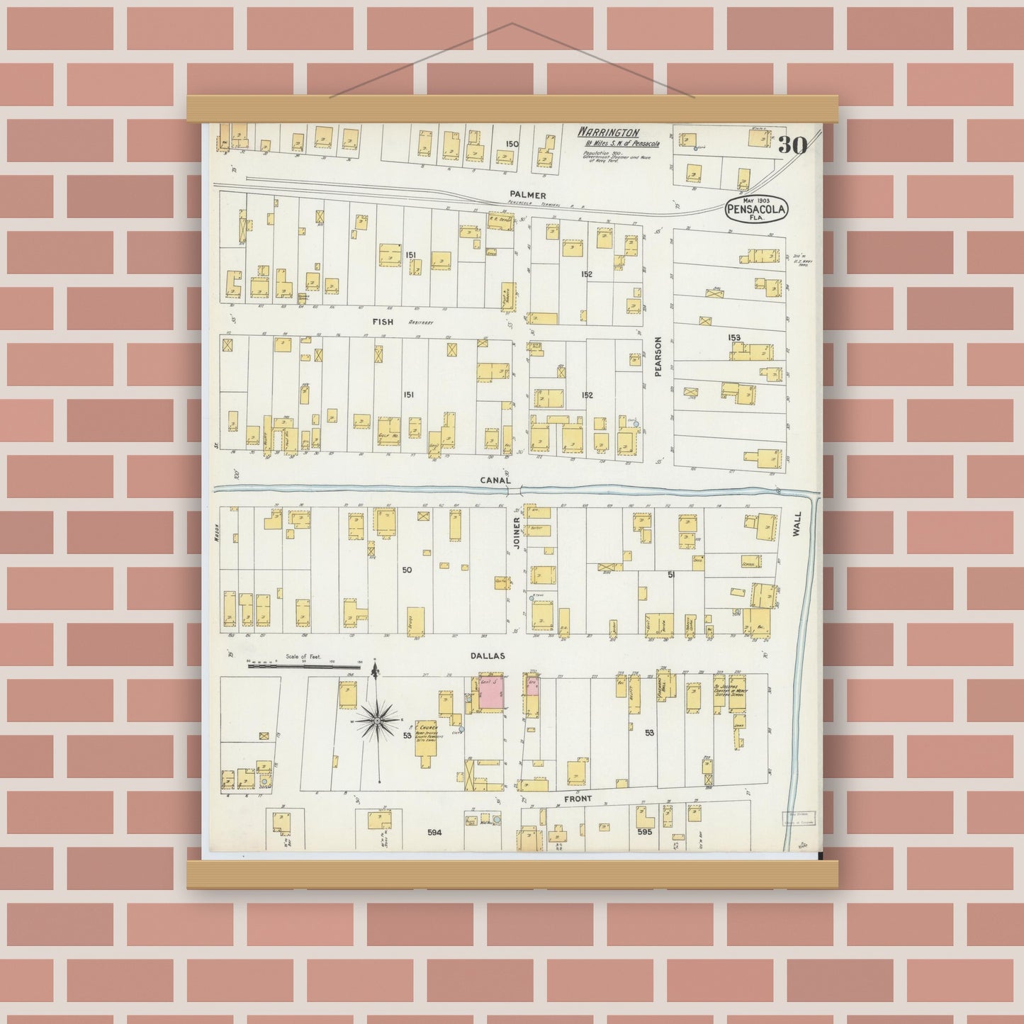Old map wall art mockup — magnetic wood frame on brick wall — Sanborn Fire Insurance Map from Pensacola, Escambia County, Florida (1903), Sheet #0030