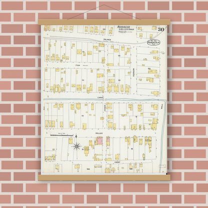 Old map wall art mockup — magnetic wood frame on brick wall — Sanborn Fire Insurance Map from Pensacola, Escambia County, Florida (1903), Sheet #0030