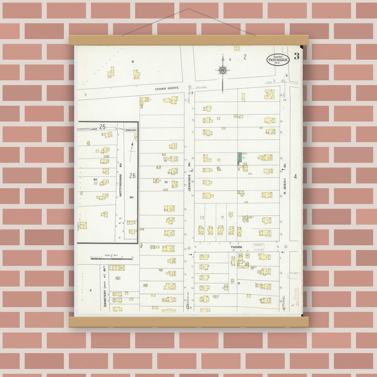 Old map wall art mockup — magnetic wood frame on brick wall — Sanborn Fire Insurance Map from Patchogue, Suffolk County, New York (1910), Sheet #0003