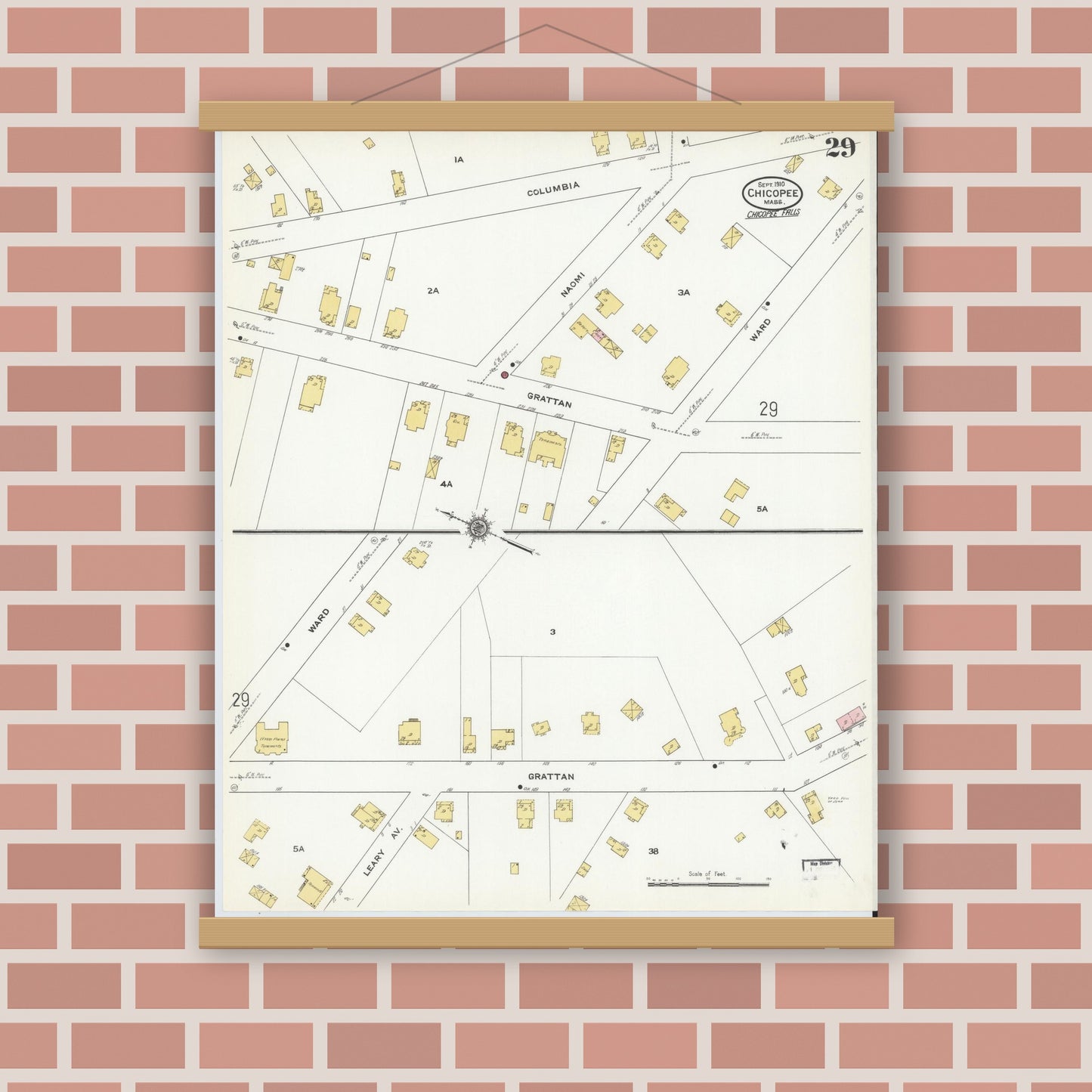 Old map wall art mockup — magnetic wood frame on brick wall — Sanborn Fire Insurance Map from Chicopee, Hampden County, Massachusetts (1910), Sheet #0029