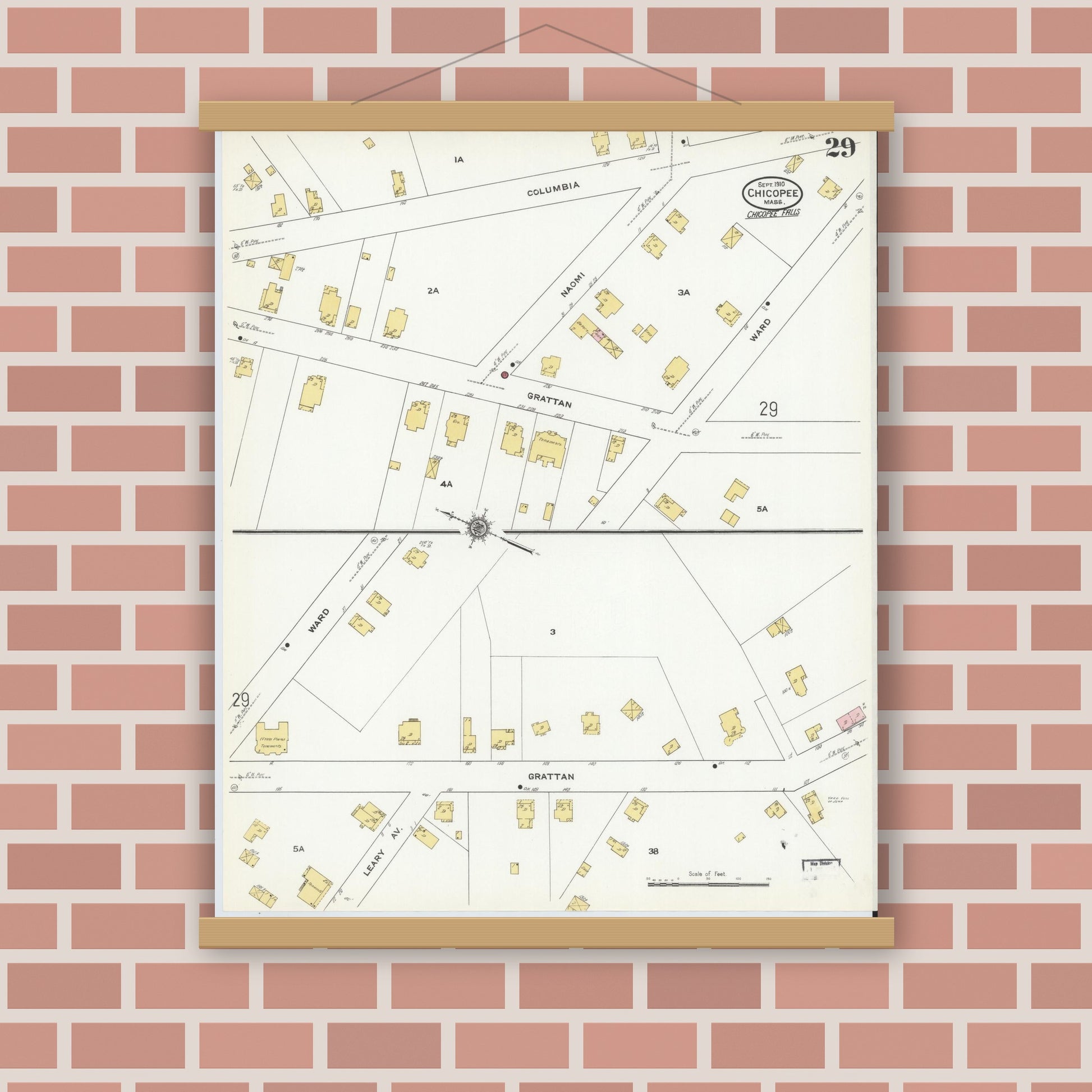 Old map wall art mockup — magnetic wood frame on brick wall — Sanborn Fire Insurance Map from Chicopee, Hampden County, Massachusetts (1910), Sheet #0029