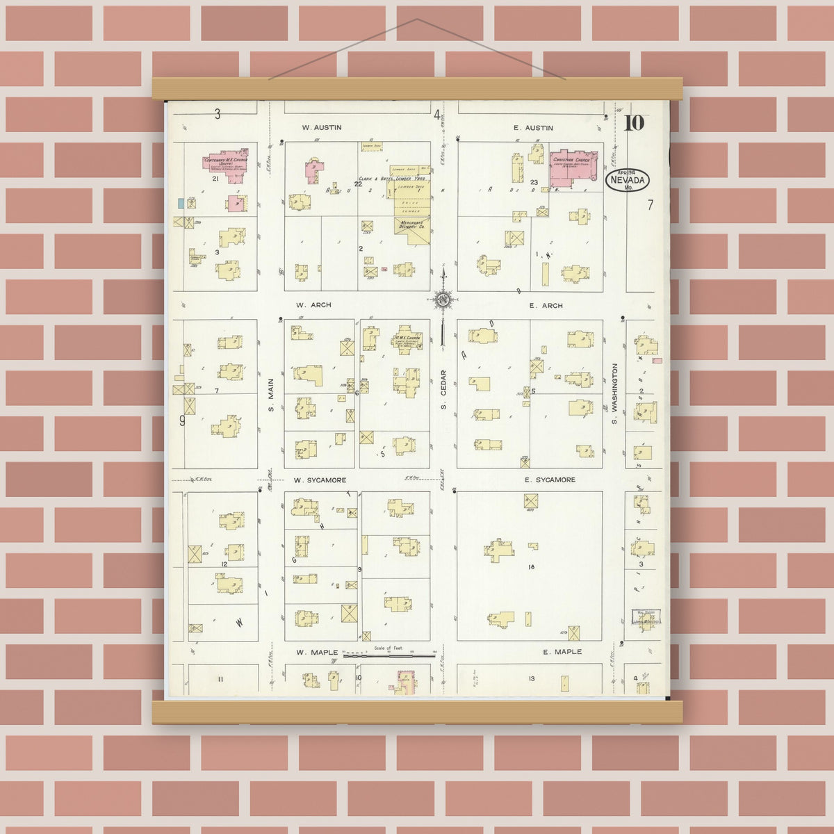 Old map wall art mockup — magnetic wood frame on brick wall — Sanborn Fire Insurance Map from Nevada, Vernon County, Missouri (1914), Sheet #0010