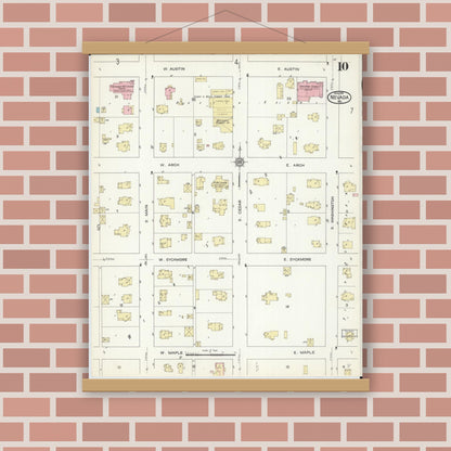 Old map wall art mockup — magnetic wood frame on brick wall — Sanborn Fire Insurance Map from Nevada, Vernon County, Missouri (1914), Sheet #0010