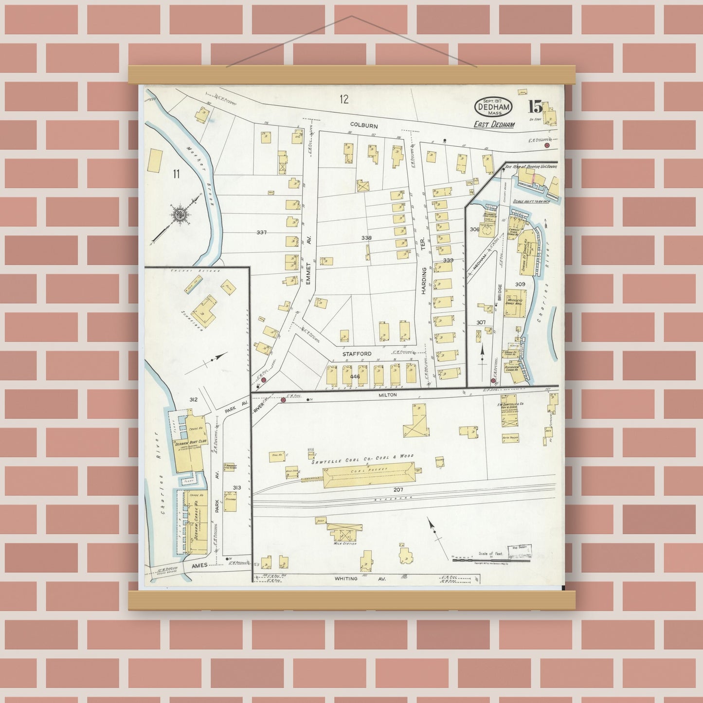 Old map wall art mockup — magnetic wood frame on brick wall — Sanborn Fire Insurance Map from Dedham, Norfolk County, Massachusetts (1917), Sheet #0015