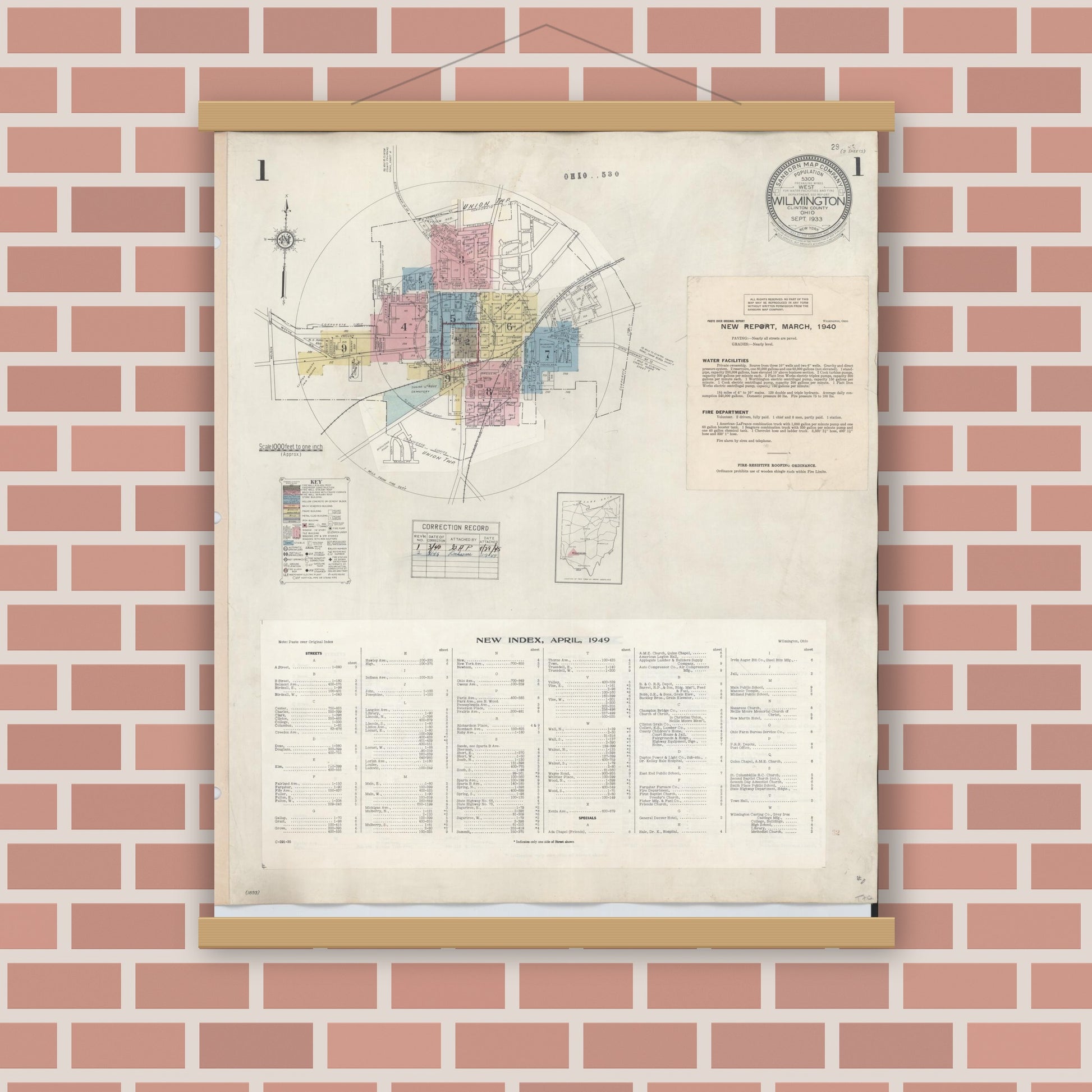 Old map wall art mockup — magnetic wood frame on brick wall — Sanborn Fire Insurance Map from Wilmington, Clinton County, Ohio (1949) - Complete Map Set