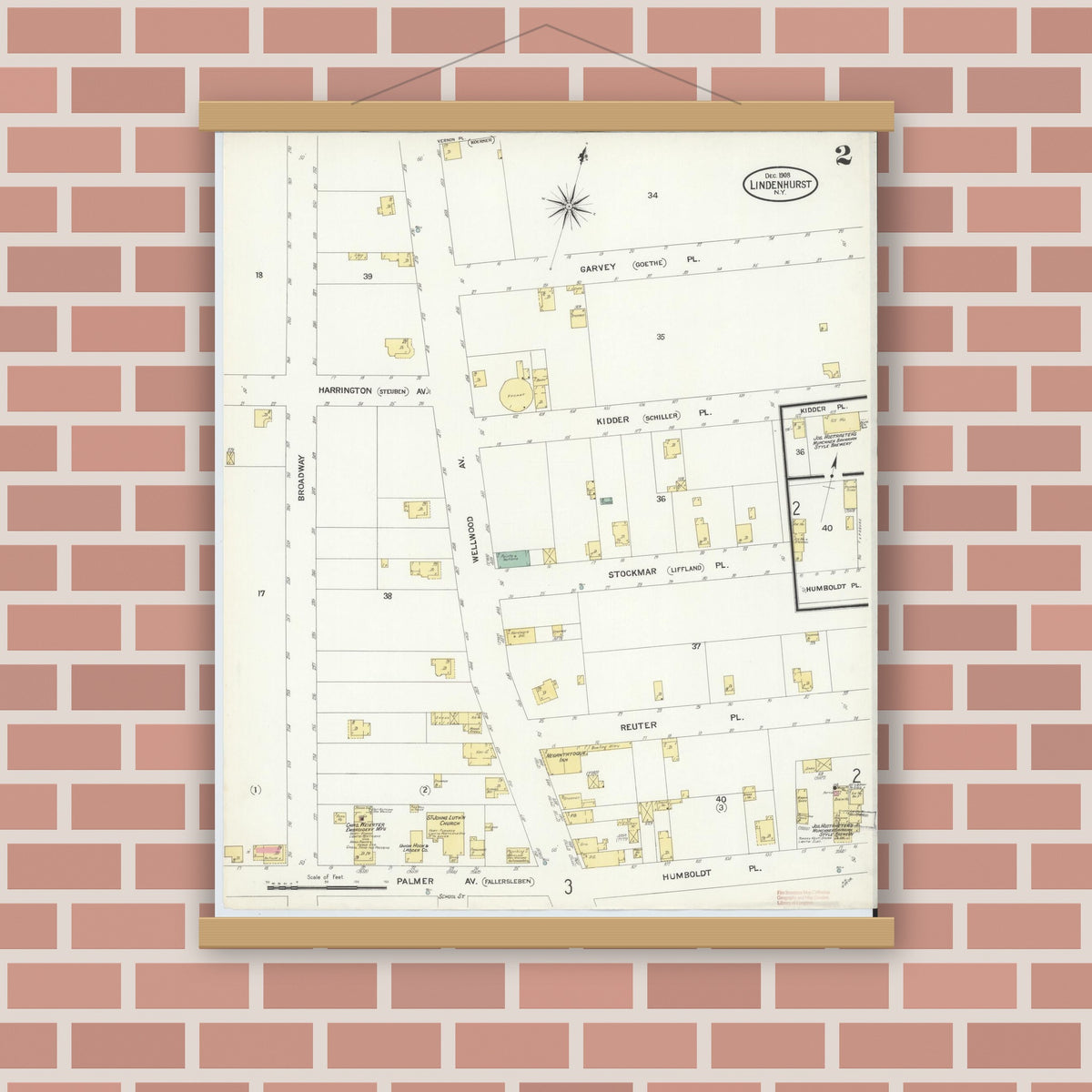 Old map wall art mockup — magnetic wood frame on brick wall — Sanborn Fire Insurance Map from Lindenhurst, Suffolk County, New York (1908), Sheet #0002