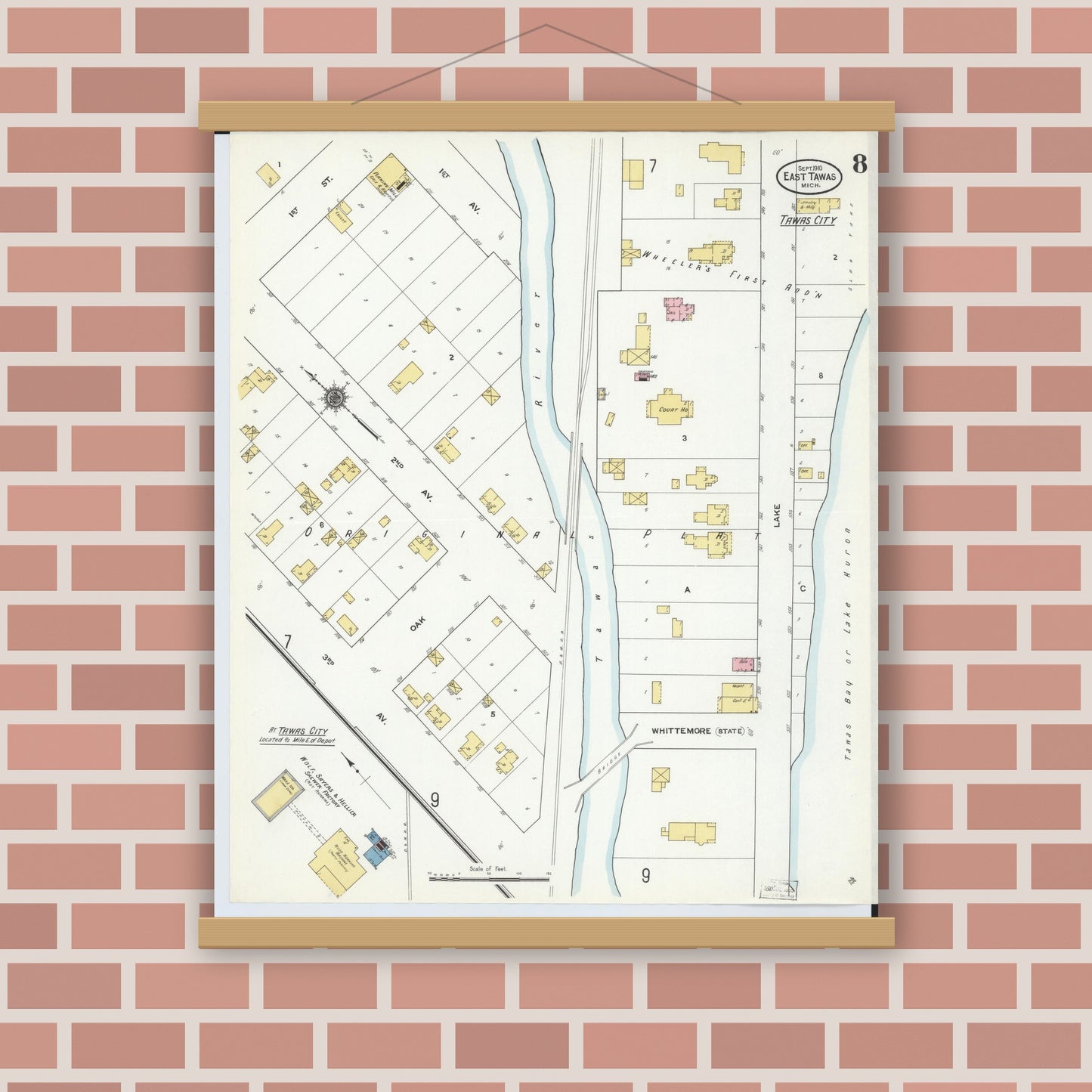 Old map wall art mockup — magnetic wood frame on brick wall — Sanborn Fire Insurance Map from East Tawas, Iosco County, Michigan (1910), Sheet #0008