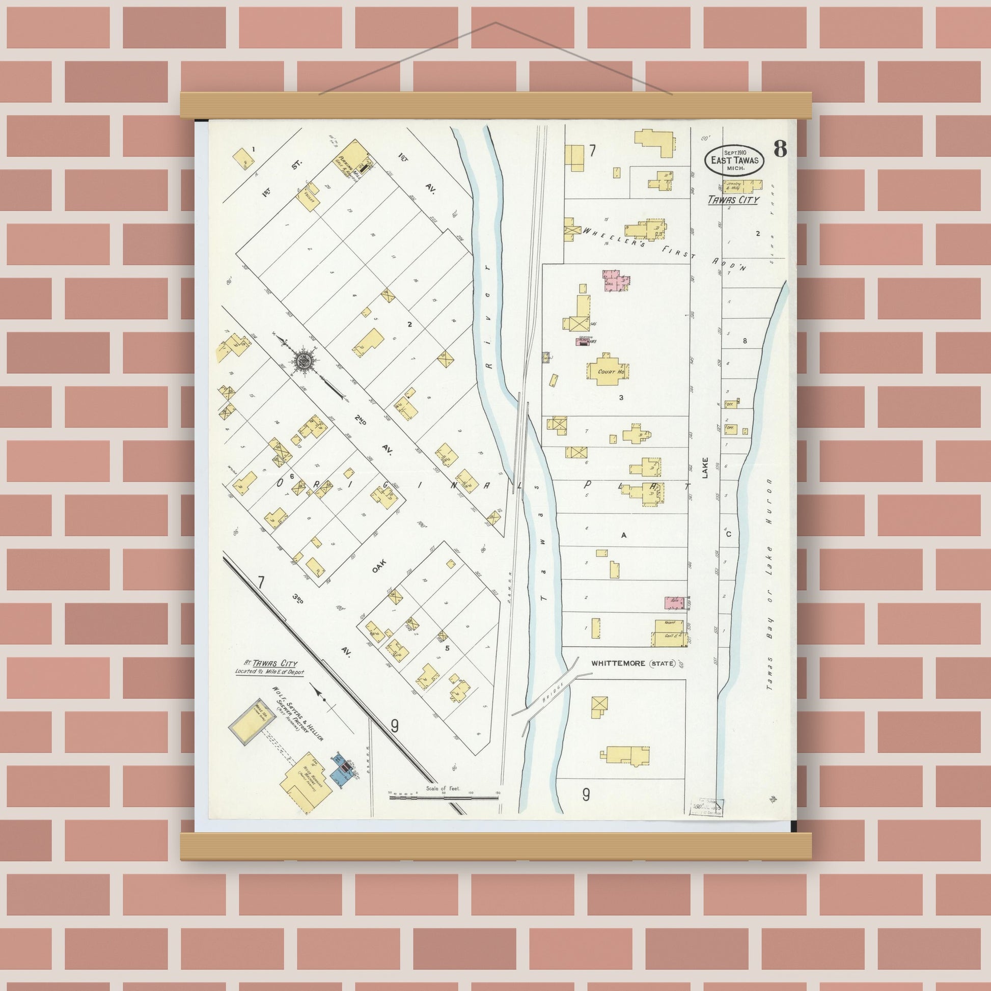 Old map wall art mockup — magnetic wood frame on brick wall — Sanborn Fire Insurance Map from East Tawas, Iosco County, Michigan (1910), Sheet #0008