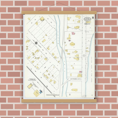 Old map wall art mockup — magnetic wood frame on brick wall — Sanborn Fire Insurance Map from East Tawas, Iosco County, Michigan (1910), Sheet #0008