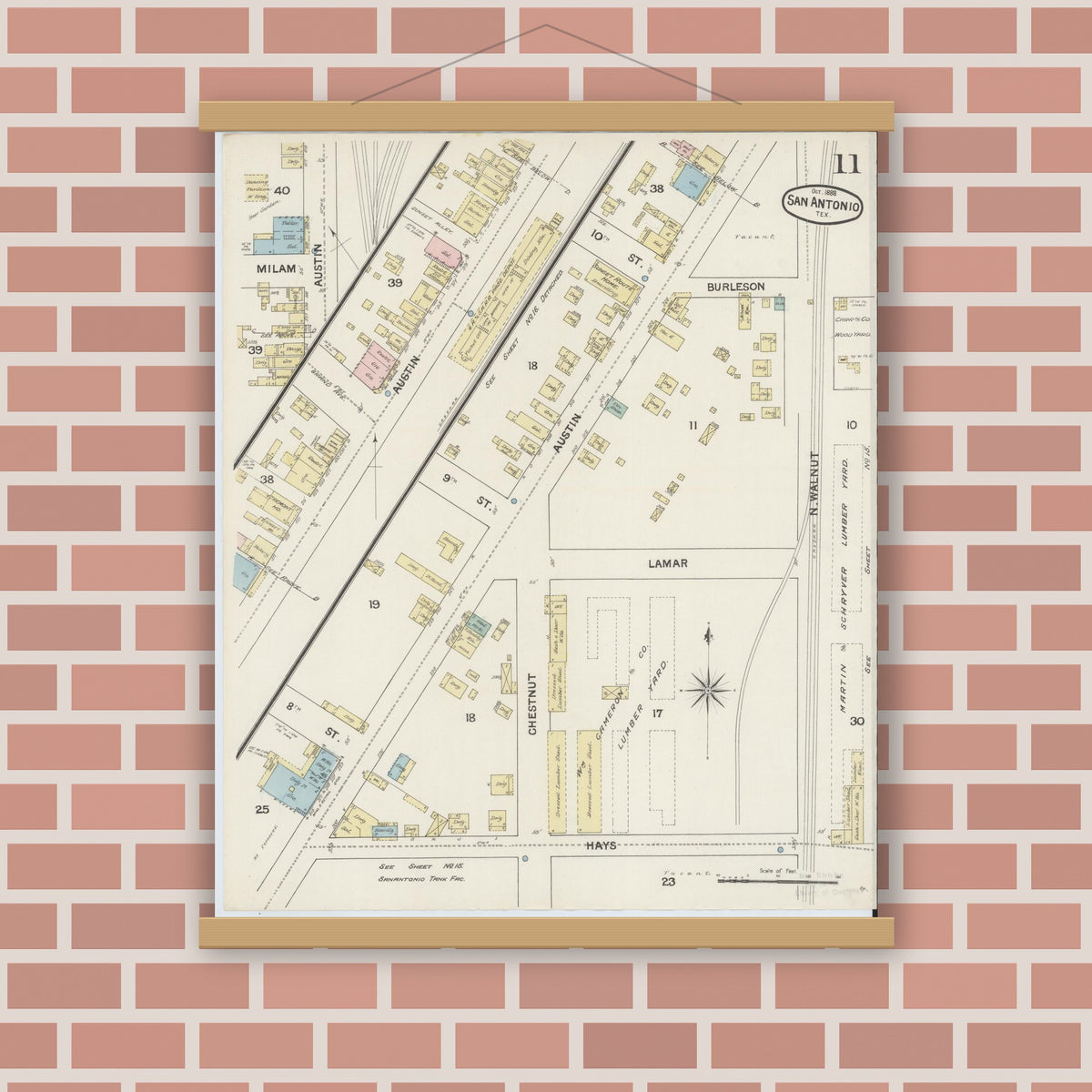 Old map wall art mockup — magnetic wood frame on brick wall — Sanborn Fire Insurance Map from San Antonio, Bexar County, Texas (1888), Sheet #0011