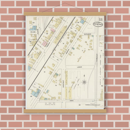 Old map wall art mockup — magnetic wood frame on brick wall — Sanborn Fire Insurance Map from San Antonio, Bexar County, Texas (1888), Sheet #0011