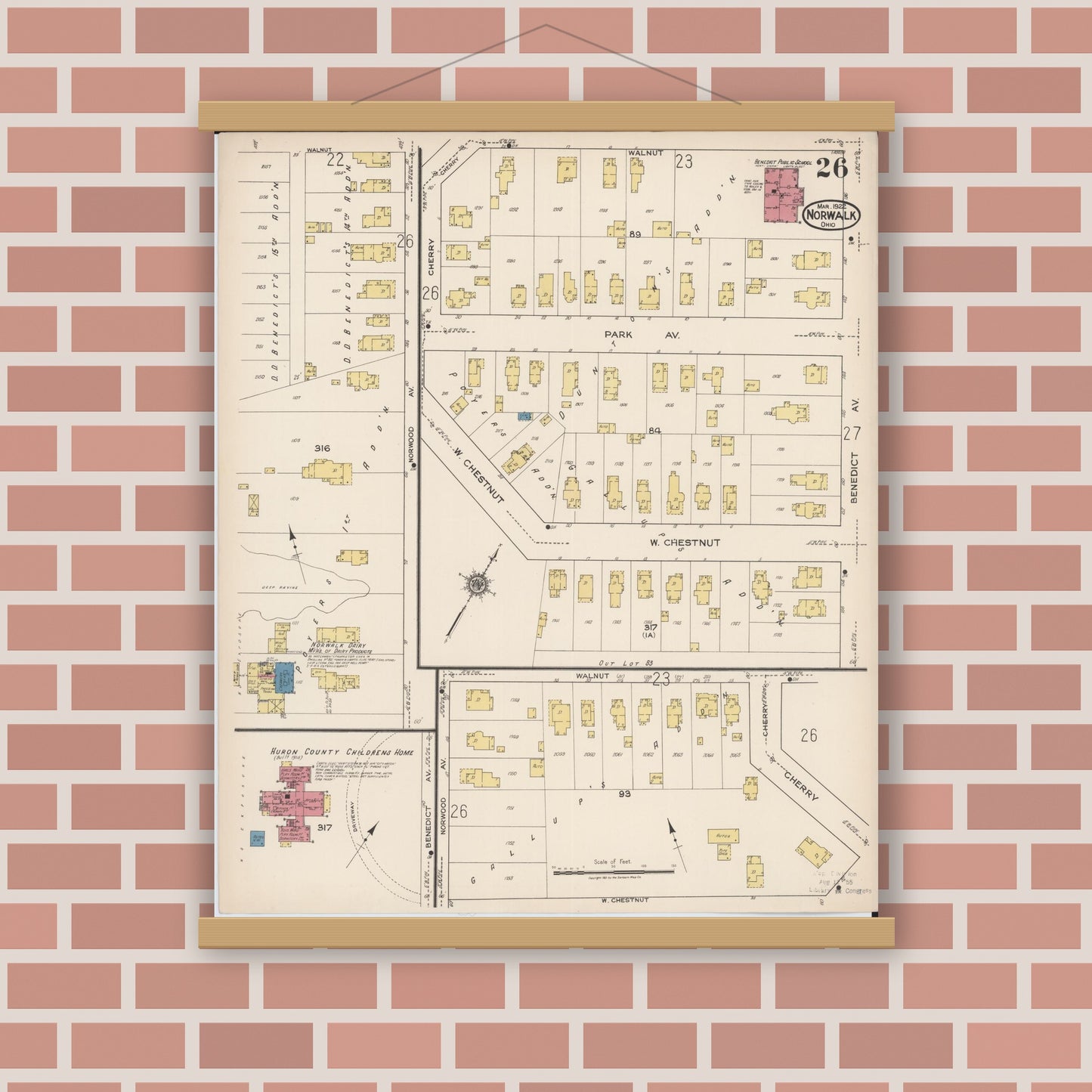 Old map wall art mockup — magnetic wood frame on brick wall — Sanborn Fire Insurance Map from Norwalk, Huron County, Ohio (1922), Sheet #0026