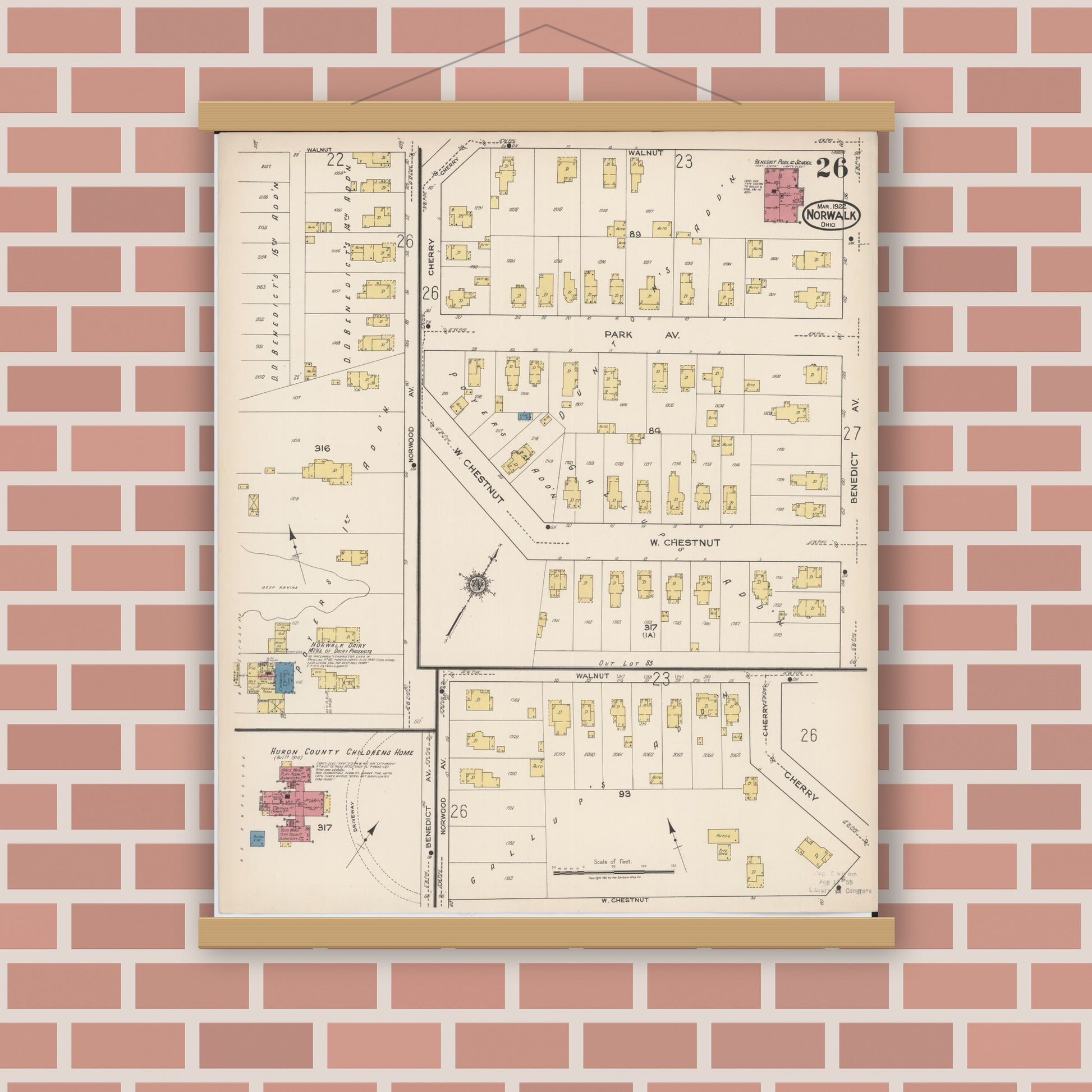 Old map wall art mockup — magnetic wood frame on brick wall — Sanborn Fire Insurance Map from Norwalk, Huron County, Ohio (1922), Sheet #0026