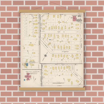Old map wall art mockup — magnetic wood frame on brick wall — Sanborn Fire Insurance Map from Norwalk, Huron County, Ohio (1922), Sheet #0026