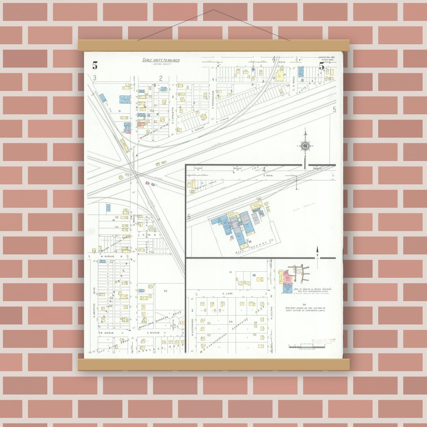 Old map wall art mockup — magnetic wood frame on brick wall — Sanborn Fire Insurance Map from Griffith, Lake County, Indiana (1943), Sheet #0005