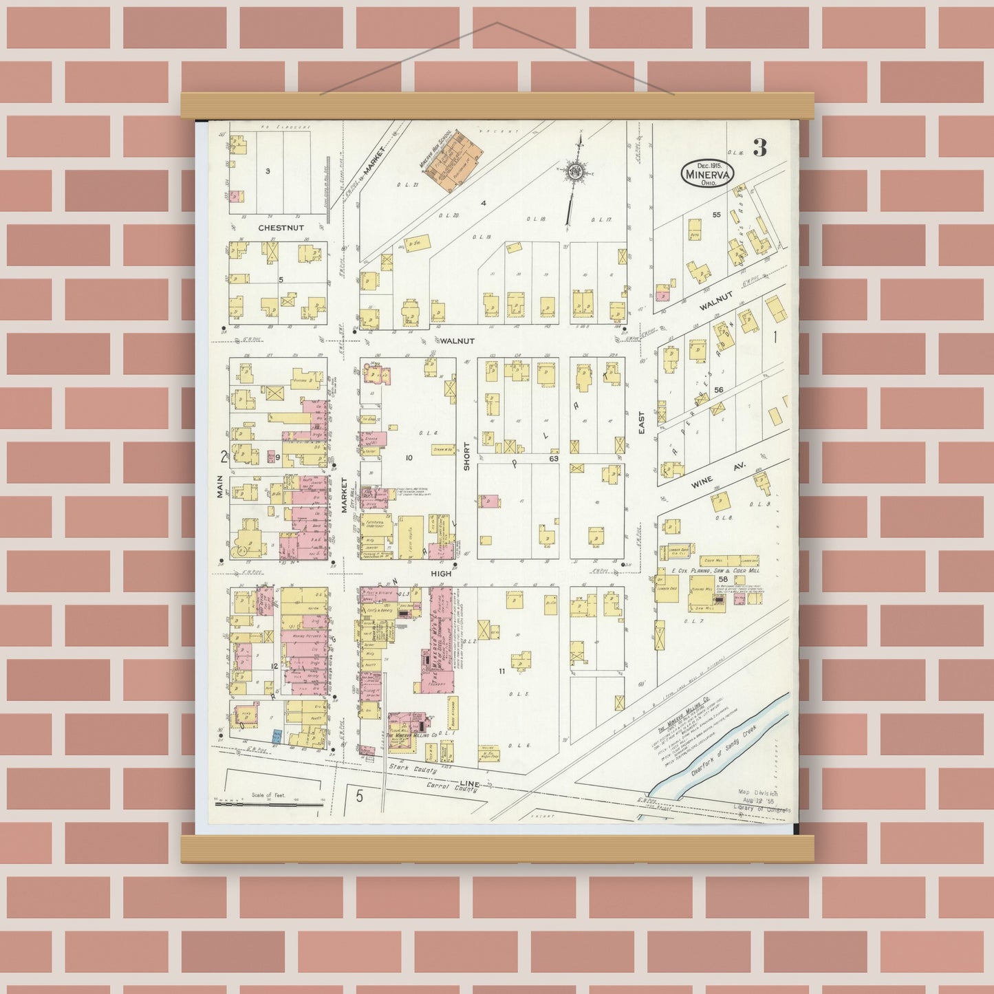 Old map wall art mockup — magnetic wood frame on brick wall — Sanborn Fire Insurance Map from Minerva, Stark And Carroll Counties, Ohio (1915), Sheet #0003