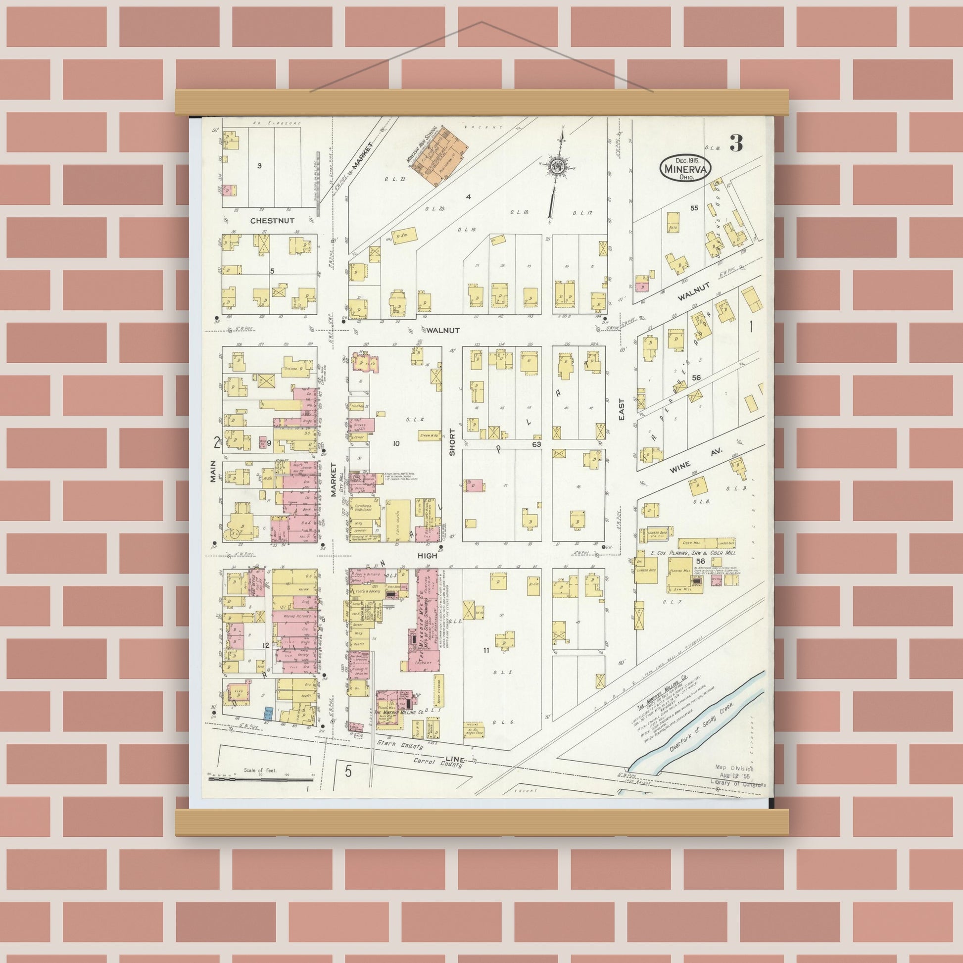 Old map wall art mockup — magnetic wood frame on brick wall — Sanborn Fire Insurance Map from Minerva, Stark And Carroll Counties, Ohio (1915), Sheet #0003