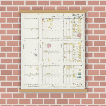 Old map wall art mockup — magnetic wood frame on brick wall — Sanborn Fire Insurance Map from Montgomery, Le Sueur  County, Minnesota (1894), Sheet #0002