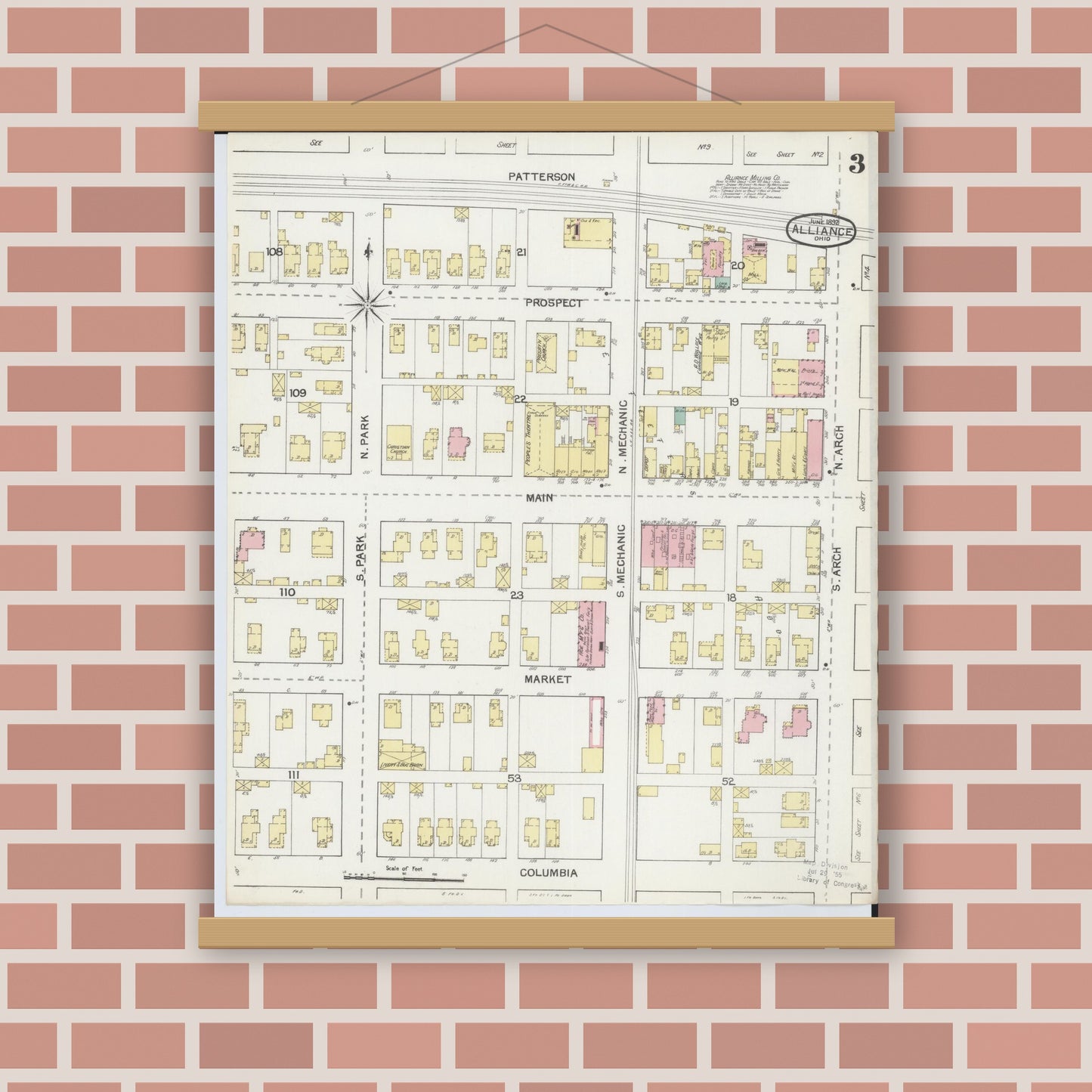 Old map wall art mockup — magnetic wood frame on brick wall — Sanborn Fire Insurance Map from Alliance, Stark County, Ohio (1892), Sheet #0003